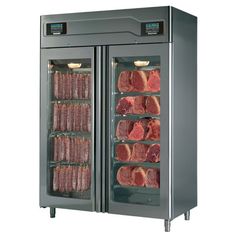 an image of meat in the freezer on display for sale at a store or restaurant