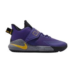 Find NIKE Lebron Ambassador 12 'lakers on Editorialist. The LeBron Ambassador 12 'Lakers' showcases a familiar color scheme inspired by LA’s senior NBA franchise. The upper is constructed from purple mesh with tonal no-sew overlays in high-abrasion areas, along with an adjustable strap that wraps over the midfoot. Metallic gold accents appear on the sneaker’s various branding elements, including a Nike Swoosh that adorns a speckled grey midsole with Zoom Air cushioning in the heel. Purple Basketball Shoes With Boost Midsole For Streetwear, Purple High-top Basketball Sneakers, Purple High-top Sneakers For Basketball, Casual Purple Sneakers For Basketball, Nike Custom Basketball Sneakers, Purple High-top Sneakers With Boost Midsole For Sports, Sporty Purple High-top Basketball Shoes, Nike Purple Basketball Shoes With Boost Midsole, Nike Custom Sneakers With Boost Midsole For Basketball