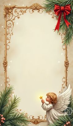 a christmas card with an angel holding a star in front of holly branches and pine cones