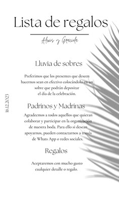 a menu for an event with palm leaves on the front and back cover, in spanish