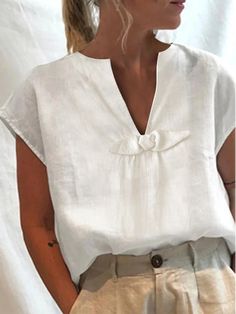 Zolucky offers stylish and concessional Shirts.. SPU: 294DSH3AD0D6, Color: White, Activity:Daily, Style:Simple. Summer Shirts For Women Casual, Women Tops Design Casual, White Linen Top Outfit, Cotton Tops Designs, Dunner Wordend Haar, Patchwork Shorts, Summer Activity, Bow Shorts, Neck Bow