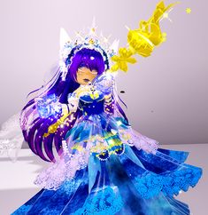 an animated image of a woman dressed in blue and purple with yellow stars on her head