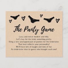 The panty game  card. Also in our store there are sign for this game. Bridal & Wedding Shower game. Kraft Paper design. Cousin Wedding, Bridal Shower Games Funny, Bach Bash, Disney Bachelorette, Bridal Shower Activities, Bridal Games