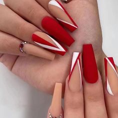 Red Acrylic Nails, Coffin Press On Nails, White Nail, Acrylic Nails Coffin, Nail Arts, Long Acrylic Nails