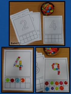 four pictures showing the number 4 and numbers on paper with buttons in front of them