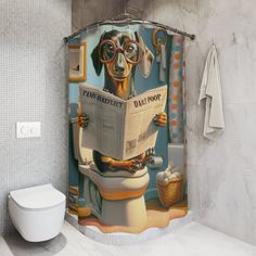 a shower curtain with a dog on the toilet reading a newspaper in front of it