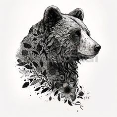 a black and white drawing of a bear with flowers on it's back side