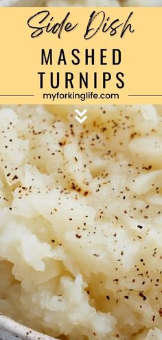 mashed potatoes in a bowl with text overlay saying side dish mashed turns