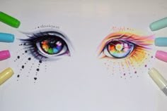 an eye with colored crayons surrounding it and the eyes are made up of multicolored pencils