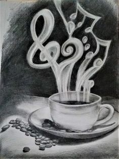 a drawing of a cup of coffee with music notes coming out of it and beans on the side