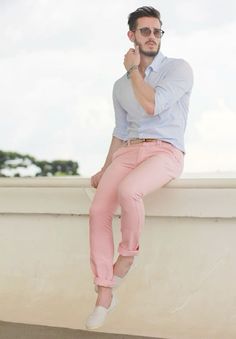 Mens Pink Pants, Pink Pants Outfit, Pink Chinos, Pants Outfit Men, Casual Long Sleeve Shirts, Light Blue Shirts, Mens Chinos, Pink Pants, Mens Accessories Fashion