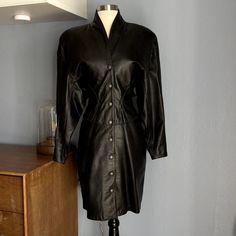 Vintage 80's Michael Hoban Black Leather Dress Front Snaps Pencil Bat-Wing Sleeve Size: Xs Waist: 25” Hip: 35” Length: 37 1/2” 100% Leather Condition: Great Pre Owned. Black Leather Dress, Black Leather Dresses, Bat Wing, Santa Clara, Leather Dress, Batwing Sleeve, Bat Wings, Dress Clothes For Women, Dresses Xs