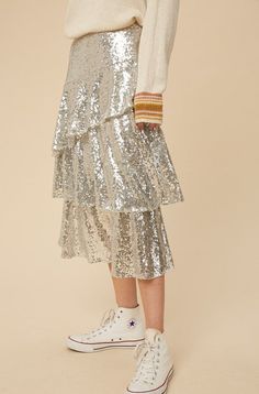 SEQUIN TIERED MIDI SKIRTS. LAYERED RUFFLE. ELASTIC WAIST. ZIPPER. 100%POLY Glitters Skirt, Tiered Midi Skirt, Early Spring Outfits, Midi Skirts, Current Fashion Trends, Pretty Style, Layered Skirt, Tier Skirt, Petite Outfits