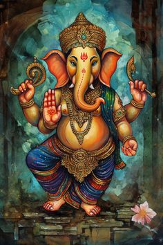 an oil painting of the god ganesha with his hands up in front of him