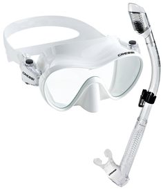 a white diving mask with goggles attached to it