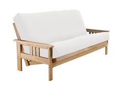 a wooden couch with white cushions on it