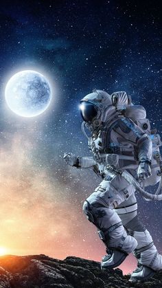 an astronaut is walking on the edge of a rocky cliff in front of a full moon