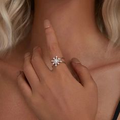 A snowflake ring intricately crafted with heart-shaped moonstone and starburst elements, symbolizing the poetic image of snowflakes descending like celestial stars. Gender: Women Item Weight: 2.4 g Main Stone: Zircon Rings Type: Cocktail Ring Setting Type: Pave Setting Item Type: Rings Style: TRENDY Side Stone: Other Artificial material Shape\pattern: Irregular Width: 1.3-8mm Material: 925 Sterling Silver Silver Snowflake Ring, Snowflake Images, Snowflake Ring, Celestial Stars, Ear Cuff Jewelry, Rings Style, Stackable Rings Silver, Ring Settings Types, Winter Jewelry