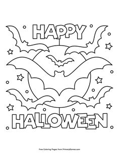 happy halloween coloring page with bats and stars