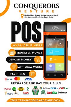 an advertisement for a mobile phone that is being used as a payment machine, with the words pos on it