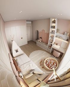 an aerial view of a living room and bedroom