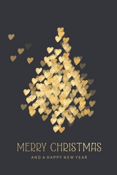 merry christmas and a happy new year card with gold heart shapes on black background illustration