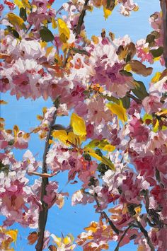 a painting of pink and yellow flowers against a blue sky