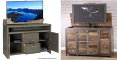 an entertainment center with a flat screen tv on top and open storage drawers below it