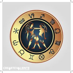 the zodiac sign is in gold and black on a cloudy background with an image of two people