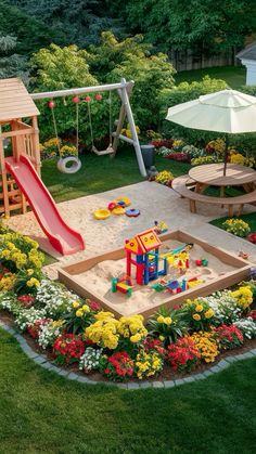 an outdoor play area with toys and flowers