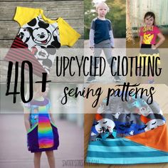 four different pictures with the words upcycled clothing sewing patterns for children and toddlers