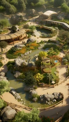 an artist's rendering of a zoo setting with animals and people walking around it