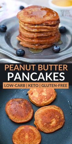 pancakes with blueberries and butter on top are shown in this recipe for low carb, keto gluten - free pancakes