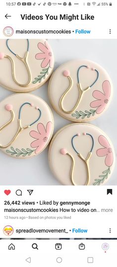 four decorated cookies sitting on top of each other in front of an instagram page