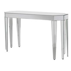 a mirrored console table with three legs on the bottom and one leg up against it