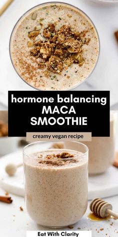 two different smoothies with text overlay that reads, homemade balancing maca smoothie creamy vegan recipe