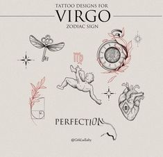 tattoo designs for virgo zodiac sign, perfection and dragonfly on white paper