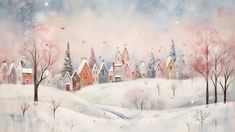 a painting of snow covered houses and trees