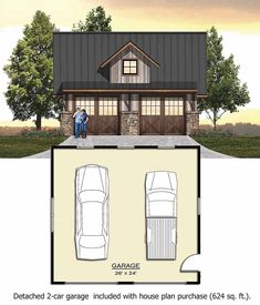 two car garage plan with floor plans for 2 cars in front of the house and an open living area