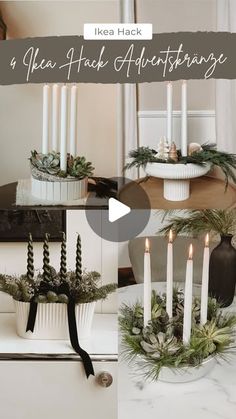 an image of christmas decorations with candles and greenery on the table in front of them