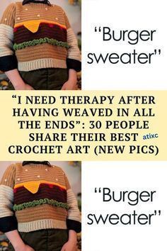 two pictures with the words burger sweaters on them and an image of someone holding their hands behind his back