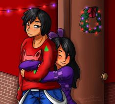 two girls hugging each other in front of a brick wall with christmas lights on it