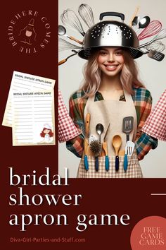 Bridal Shower Apron Game with Printable Guessing Cards Apron Shower Game The Bride, The Apron Game, Throwing A Bridal Shower Ideas, Apron Game Bridal, Bridal Shower Kitchen Theme, Kitchen Bridal Shower, Girl Parties, Bride Game, Bridal Theme