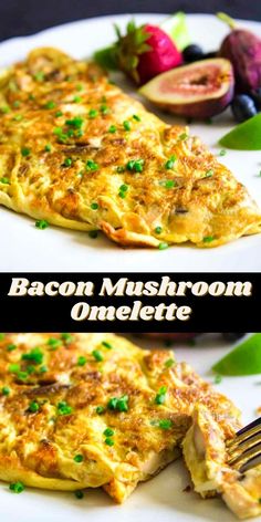 bacon mushroom omelette on a white plate with a fork