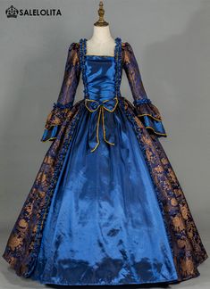 Renaissance Brocade Colonial Antique Blue Floral Victorian Ball Gown Victorian Prom, Gothic Victorian Dresses, Victorian Ball, Victorian Era Dresses, Full Sleeves Dress, Victorian Dresses, Victorian Corset, Blue Ball Gowns, Prom Ball Gown