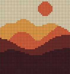 a cross stitch pattern with an orange sunset in the background and mountains on it's side