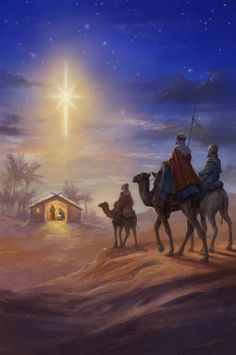 two men riding on camels in front of a manger scene with the birth of jesus