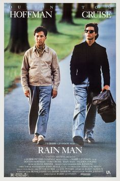 the poster for rain man starring two men in jeans and jackets walking down a street