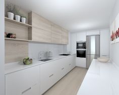 a kitchen with white counter tops and wooden shelves on the wall next to an oven