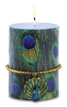 a candle with a peacock feather on it and a gold chain around the edge that matches